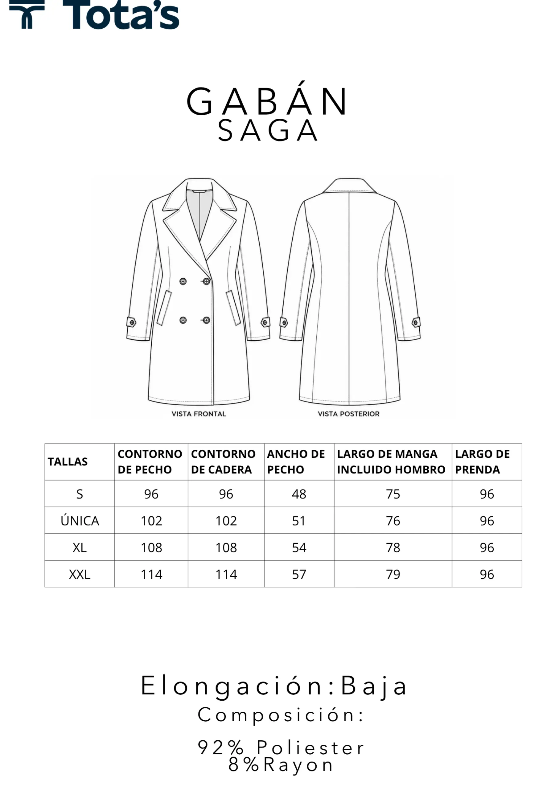 tabla de medidas gabán saga hombre