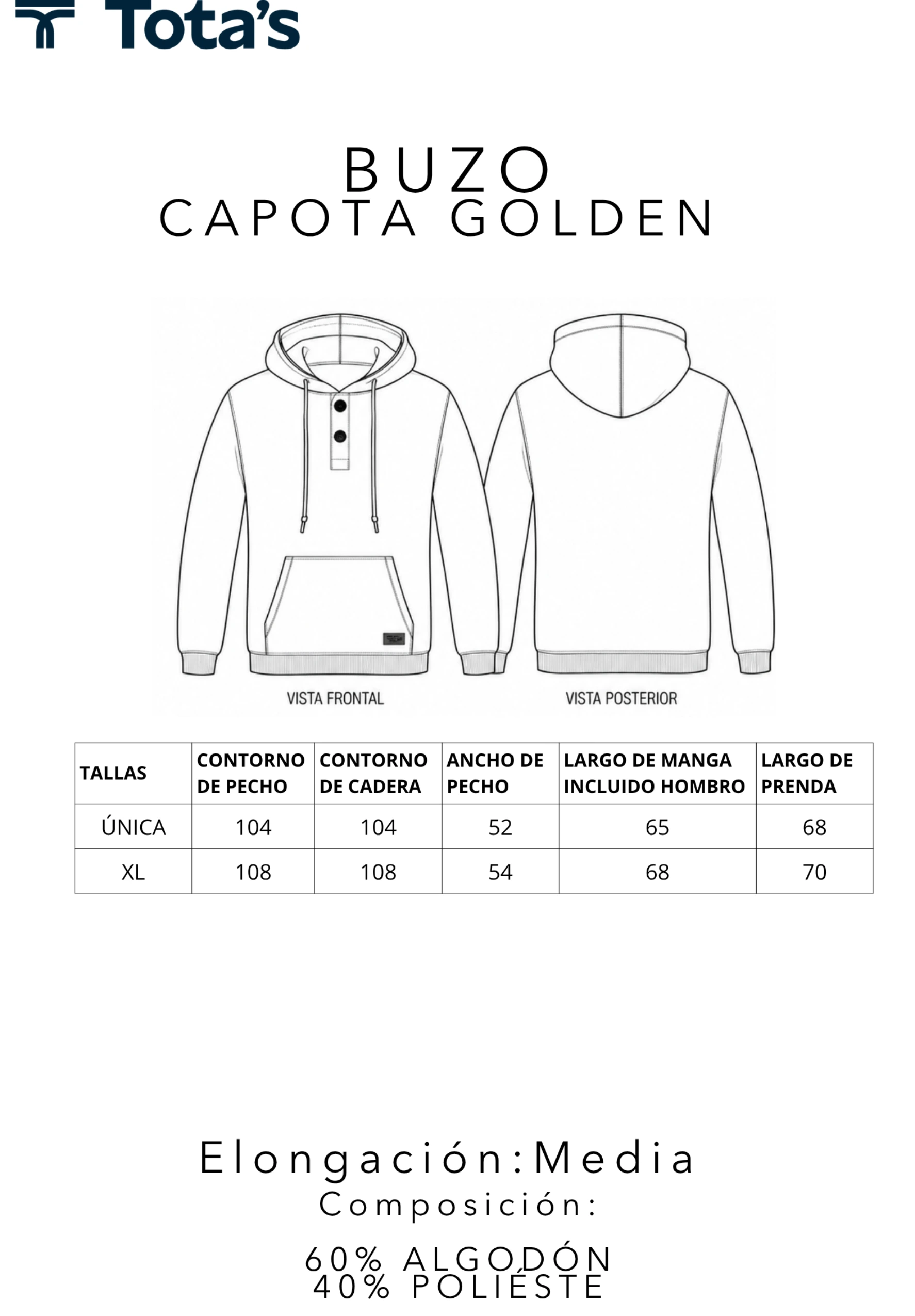 tabla de medidas buzo capota golden hombre